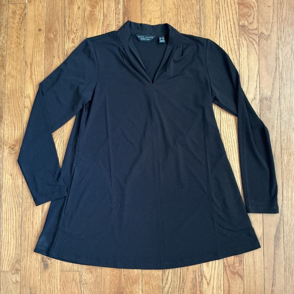 Every Day by Susan Graver Liquid Knit Split-Neck Top, Size XS Petite Black